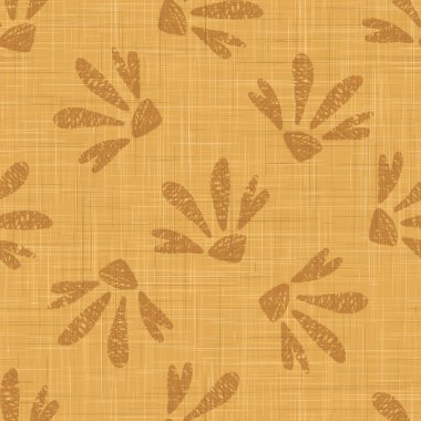 Altın rengi Fransız kumaş dokusu. Kahverengi Daisy Flowers ile basılmış. Doğal Boya Ecru Flax Fiber Kusursuz Desen. Duvar Kağıdı, Kumaş Paketi, Vektör Eps10 için Organik Dokuma Kumaşı