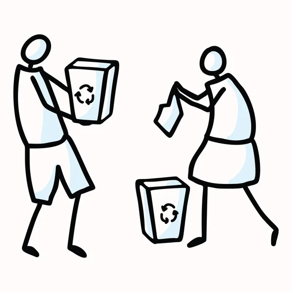 Hand Drawn Stick Figures Trash Collecting. Concept of Clean Up Earth Day. Simple Icon Motif for Environmental Earth Day, Volunteer Clipart, Eco Rubbish Recycling Teamwork Illustration. Vector Eps 10