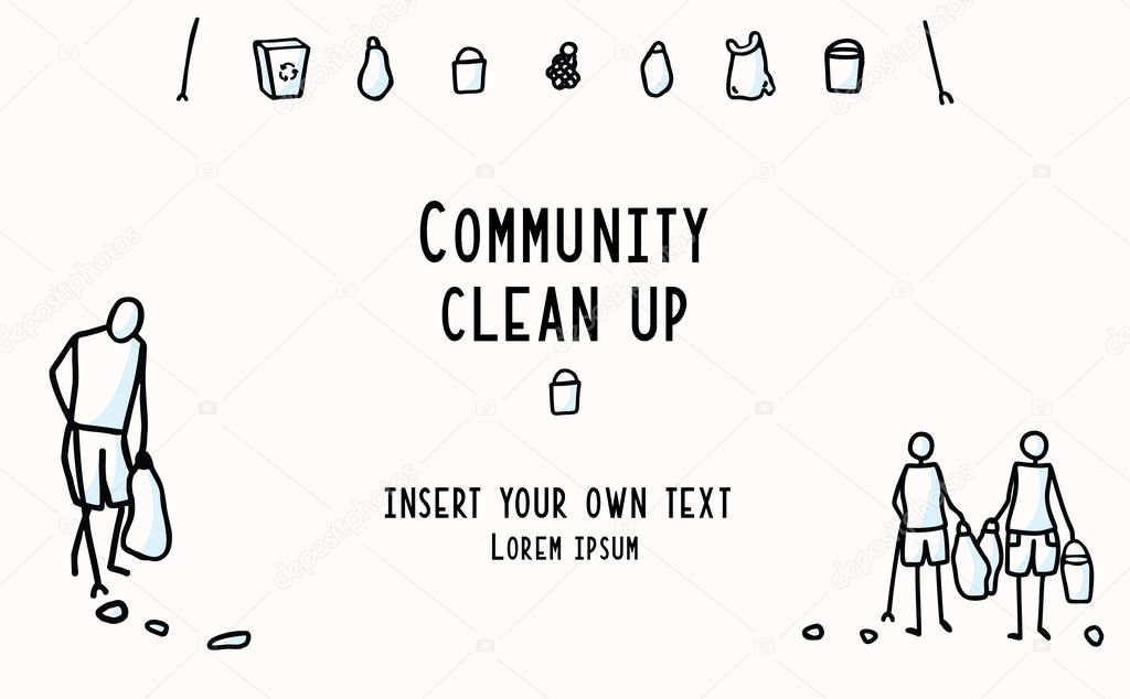 Community Clean Up Flyer with Stick Figures Trash Collecting. Concept of Save the Planet. Icon Motif for Environmental Earth Day Volunteer Invitation, Eco Beach Cleaning Recycling. Vector Eps 10