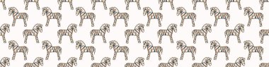  Çizgi film Oyuncak Zebra Kusursuz Sınır Deseni. Sevimli Safari Hayvan Afişi. El Çizimi Kawaii Cinsiyet Tarafsız Çocuk Model Kurdelesi Çizimi Düz Renkli Doodle. Eps 10