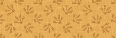 Altın rengi Fransız keten kumaş dokusu arkaplanı Kahverengi Papatya Ayçiçekleri ile basılmış. Doğal Boya Ecru Flax Fiber Kusursuz Kurdele Deseni. Kumaş bandını kapat, kumaş Washi bandını kapat. Vektör Eps10