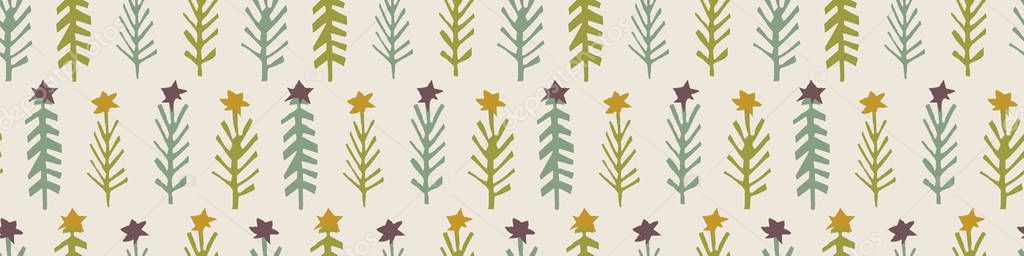 Homespun Naive Christmas Fir Tree Dengan Star Border Pattern Latar Stok Ilustrasi 