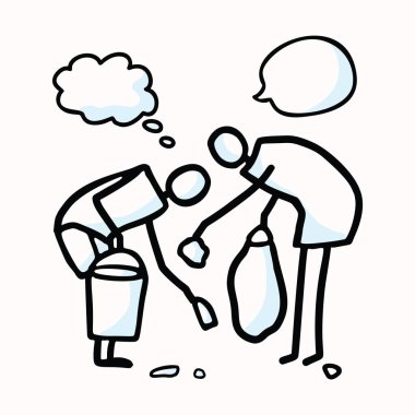 El Çizimi Çubuğu, Konuşma Baloncuklarıyla Çöp Topluyor. Toprak Günü İletişimini Temizleme Konsepti. Çevresel Dünya Günü için Comic Icon Motifi, Gönüllü Klip Sanatı İllüstrasyonu. Vektör Eps 10
