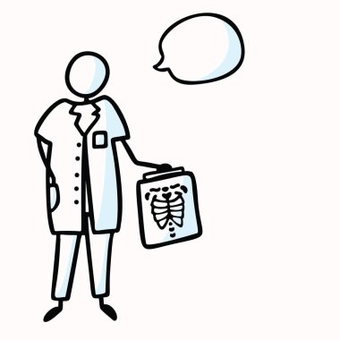 El Çizimi Çubuğu Figürü Doktor ya da Konuşma Baloncuğu Xray Dosyası olan Hemşire. Konsept Sağlık Hastanesi. Cerrahi Tedavi için Karikatür Simgesi Motifi, Hekim Klip Sanat İllüstrasyonu. Vektör Eps 10