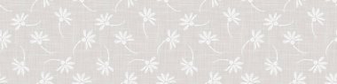 Beyaz Papatya Çiçeği ile basılmış gri Fransız Keten Doku Sınır Arkaplanı. Doğal Ecru Flax Fiber Kusursuz Desen. Organik İplik Yakın Dokuma Kumaş Banner Trim. Kumaş ambalajı. Vektör Eps10