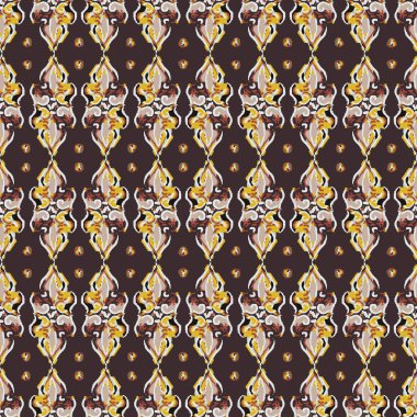 El yapımı Indiennne Paisley Motif Kusursuz Desen. Kahverengi Arkaplan 'daki Arabesk Süslemesi' ni süsleyin. Boyalı Ogee Bohemian Damask Tekstil. Vector Eps 10 Döşemede Paketleme, Duvar Kağıdı Yazdırma. 