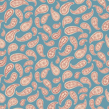 El yapımı Indiennne Paisley Motif Kusursuz Desen. Mavi Arkaplan 'daki Arabesk Süslemeleri' ni süsleyin. Boyalı Ogee Bohemian Tekstil Atar. Vector Eps 10 Döşemede Paketleme, Duvar Kağıdı Yazdırma. 