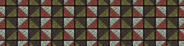 Triangolo piastrelle di mosaico senza soluzione di continuità modello di confine. Geo sfondo disegnato a mano. Stile anni 60 retrò piastrellato cucina tessile nastro Trim, imballaggio, carta da parati. Colore blocco Azulejo banner vettoriale Eps 10 — Vettoriale Stock