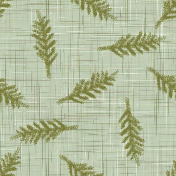 Green Linen Ikat Texture Background dicetak dengan Winter Fir Tree Leaves. Natural Pine Flax Fibre Seamless Pattern (dalam bahasa Inggris). Organik Close Up Weave Fabric for Wallpaper, Festive Seasonal Packaging Vector EPS10 - Stok Vektor