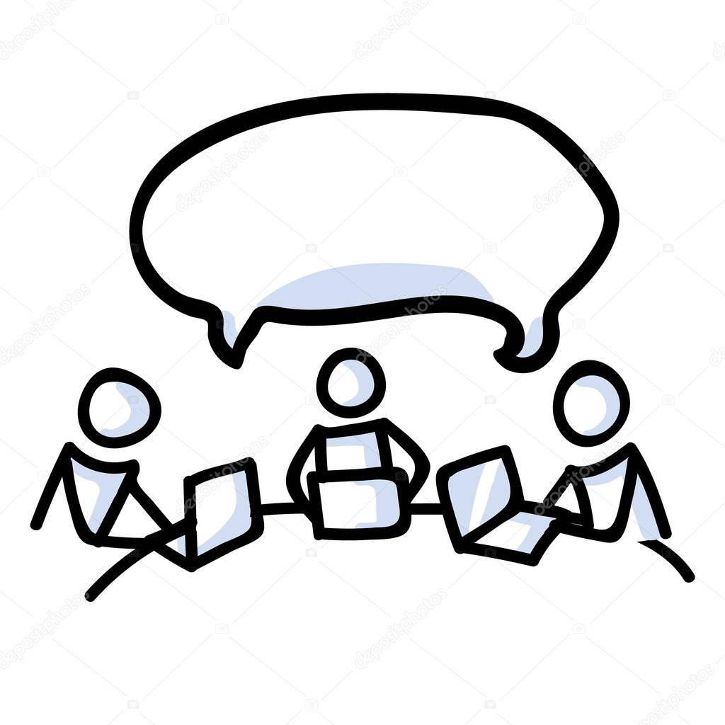 Hand Drawn Stick Figure Colleagues Working at Desk. Concept Business Laptop Speech Bubble. Simple Icon Motif of Group Communication for Executive Team. Talking, Seminar Illustration. Vector EPS 10. 
