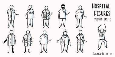 El yapımı çöp bebek hemşireler, doktor, cerrah, teknisyen, fizyoterapi hastaları. Konsept Sağlık Hastanesi. Çizgi film Motifi Doodle People Clipart Illustration. İzole edilmiş 11 Vektör Eps 10