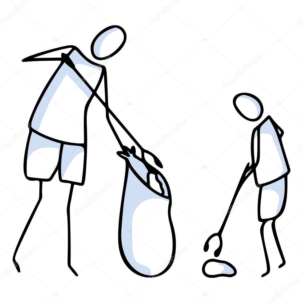 Hand drawn stick figures trash sweeping teamwork. Concept of clean up earth day. Simple icon motif for environmental earth day, volunteer clipart, parent and child recycling illustration. Vector.