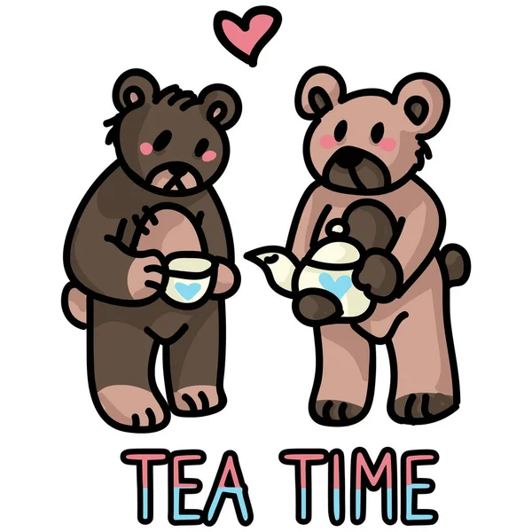 Cute Stylized Teddy Bear Tea Party Clipart Hand Made Kids — 스톡 벡터