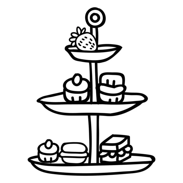 Cute Afternoon Tea Cake Stand Clipart Hand Drawn Breakfast Treat — Stock Vector