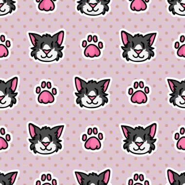 Şirin kedi ve pati izi kusursuz vektör deseni. Puantiyeli arka planda el çizimi kawaii kedi yavrusu. Pençe peçeli sevimli kedi yüzlü ev dekoru. Kürk, pisipisi her yerde..