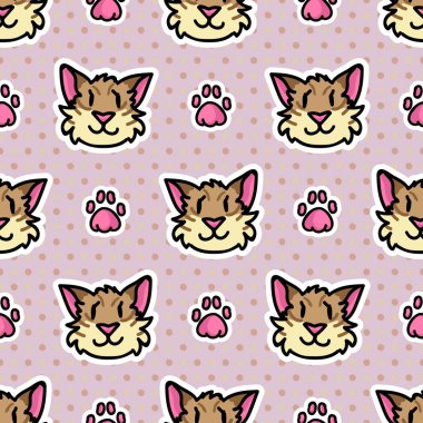 Şirin tekir kedi ve pati izi, kusursuz vektör deseni. Puantiyeli arka planda el çizimi kawaii kedi yavrusu. Pençe peçeli sevimli kedi yüzlü ev dekoru. Kürk, pisipisi her yerde..