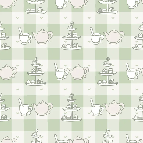 Cute Cake Stand Teapot Seamless Vector Pattern Hand Drawn Green — Stock Vector