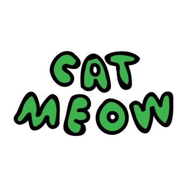 Şirin kedi miyavlaması metin tiporafi vektör illüstrasyonu. El yapımı kedicik hayvan kelimesi. Eğlenceli kedi memeli düz renkli karalama yapıyor. İzole hat sanatı, Kawaii Vektör Eps 10. 