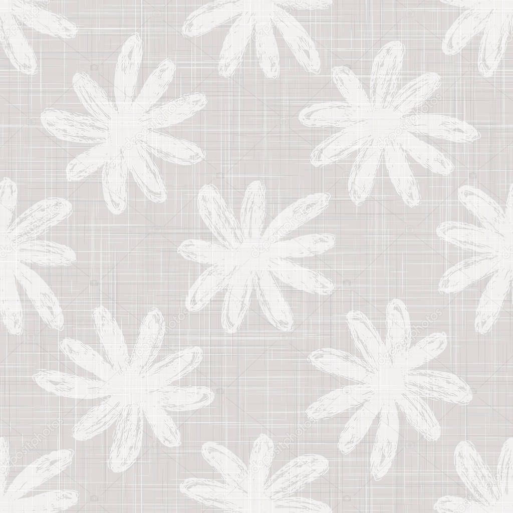 Gray French Linen Texture Background printed with White Daisy Flower. Natural Ecru Flax Fibre Seamless Pattern. Organic Yarn Close Up Grey Beige Weave Fabric Wallpaper, Cloth Packaging. Vector EPS10