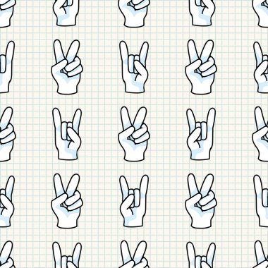Cute peace and rock on hand symbol seamless vector pattern. Hand drawn expression gesture for simple stylized sign. Hand gesture home decor. Isolated communication victory concept all over print. 
