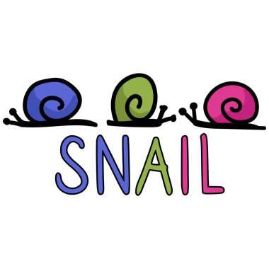 Cute simple snail doodle clip art. Hand drawn mollusk wildlife nature insect. Flat color garden pest slug with shell illustration. Isolated slug, typography, gastropod. Vector EPS 10. 