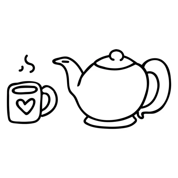 Cute Teapot and Mug Lineart Cartoon Vector Illustration. Hand Drawn Hot Drink Element Clip Art Kitchen Concept. Breakfast Graphic, Drink and Crockery Web Buttons. Monochrome Tea Motif Illustration.. — Stock Vector