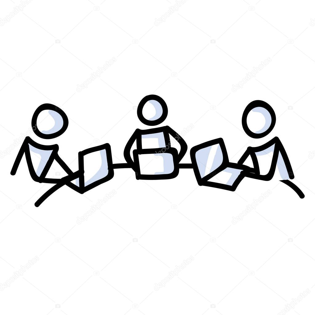 Hand Drawn Stick Figure Colleagues Working at Desk. Concept Business Laptop Brainstorming. Simple Icon Motif of Group Communication for Executive Team. Talking, Seminar Illustration. Vector EPS 10. 