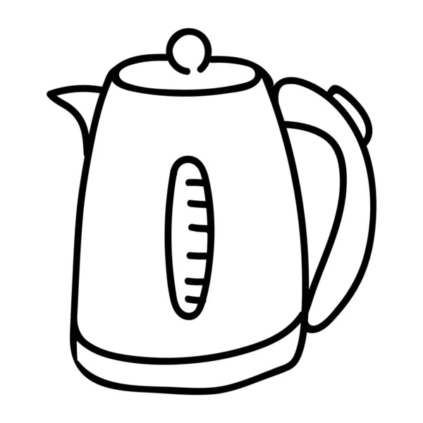 Cute Line Art Electric Kettle Cartoon Vector Illustration. Hand Drawn Hot Drink Element Clipart Kitchen Concept. Breakfast Graphic, Drink and Machine Web Buttons. Obrázek motivu spotřebiče. — Stockový vektor