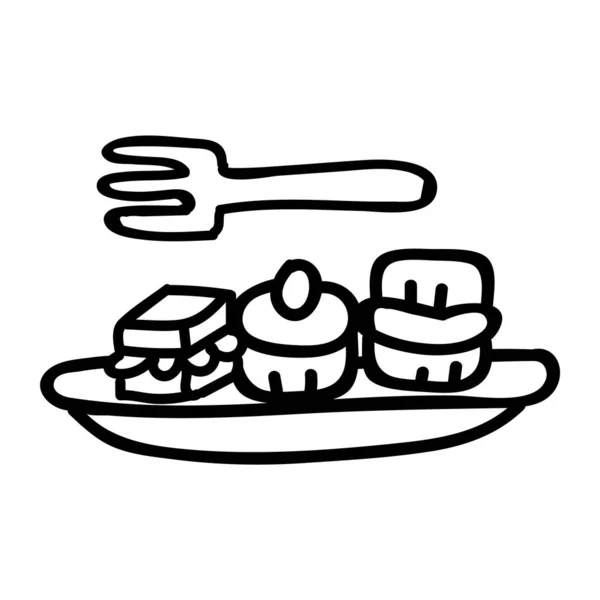 Söt eftermiddag te tårta och smörgåsar clipart. Handritad frostad pastisserie café mat. Smaklig bakad söt lineat i platt färg. Enkrom isolerad välsmakande, scone, bageri. Vektor Eps 10. — Stock vektor