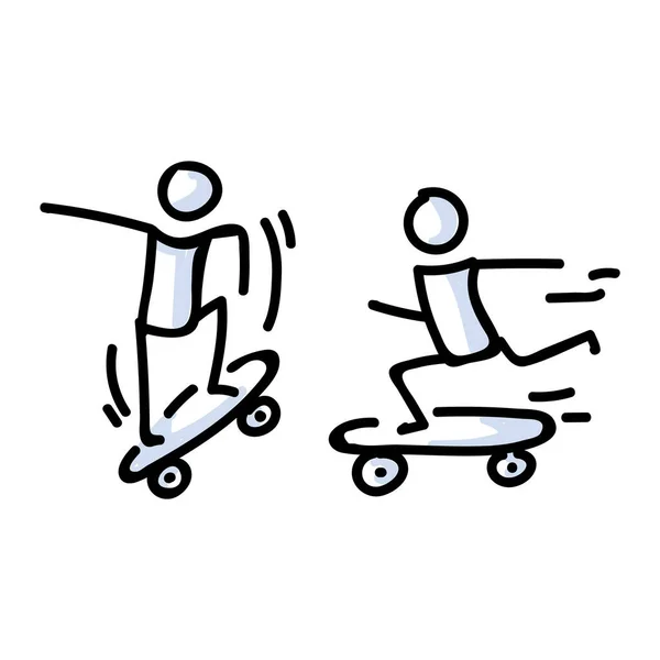 Hand ritade två Stick figur ryttare på skateboard. Begreppet Stunt Sport Aktivitet. Enkel ikon motiv för Teen Fun Skateboarder tricks. Hoppa, Ride, Ramp Bujo Illustration. Vektor Eps 10. — Stock vektor