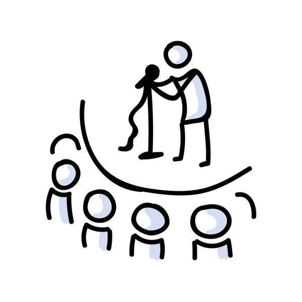 Handgetekende Stick figuur komedie uitvoeren op het podium. Concept van Theater Audience Acteur. Eenvoudig icoon motief voor publiek Pictogram. Voice, Speech, Stand up, Zanger Bujo Illustratie. Vector Eps 10. — Stockvector