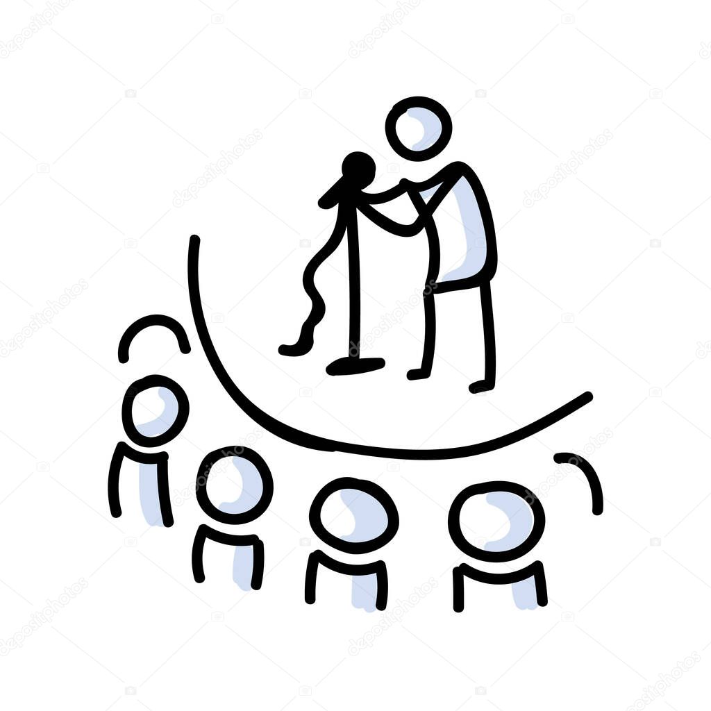 Hand Drawn Stick Figure Comedy Performer on Stage. Concept of Theatre Audience Actor. Simple Icon Motif for Audience Pictogram. Voice, Speech, Stand up, Singer Bujo Illustration. Vector EPS 10. 