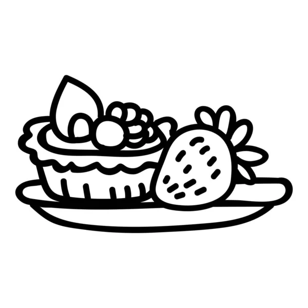 Cute afternoon tea pastry tart with strawberry clipart. Hand drawn breakfast cafe sweet snack. Baked patisserie for lunch lineart flat color. Monochrome isolated delicious, tasty, cake. Vector EPS 10. — Stock Vector