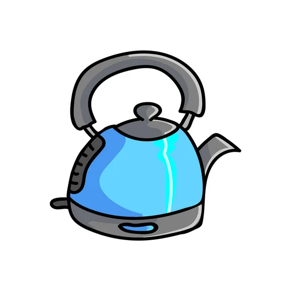 Cute Blue Kettle Cartoon Vector Illustration. Hand Drawn Hot Drink Element Clip Art for Kitchen Concept. Breakfast Graphic, Drink and Machine Web Buttons. Ilustrace motivu spotřebiče Plochá barva. — Stockový vektor