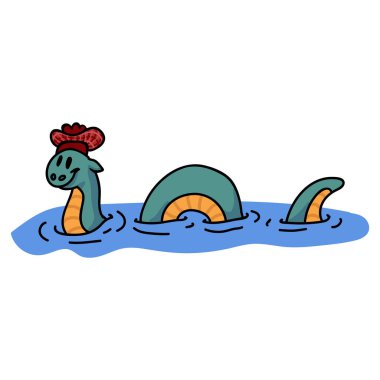 Sevimli Çizgi Film Loch Ness Canavar Klip Sanatı. Vahşi Efsanevi Hayvan Simgesi. Göl Mitolojisi Motif Çizimi 'nden El Çizimi Efsanevi Yaratık Düz Renkli Doodle. İzole edilmiş Sürüngen. Vektör Eps 10. 