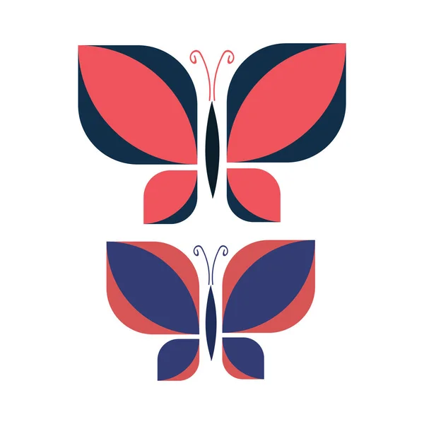 Δύο Vintage Geometric Butterfly Vector Εικονογράφηση. Χειροποίητο κόσμημα 60s Style Garden Insect Simple Motif. Retro Classic Blue and Pink Bug Wildlife Clip Art. Eps 10. — Διανυσματικό Αρχείο