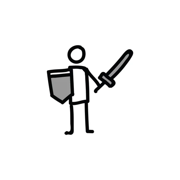 Illustration vectorielle de stickman épée et bouclier. Protection et défense dessinées à la main pour clipart bujo journal de balle . — Image vectorielle
