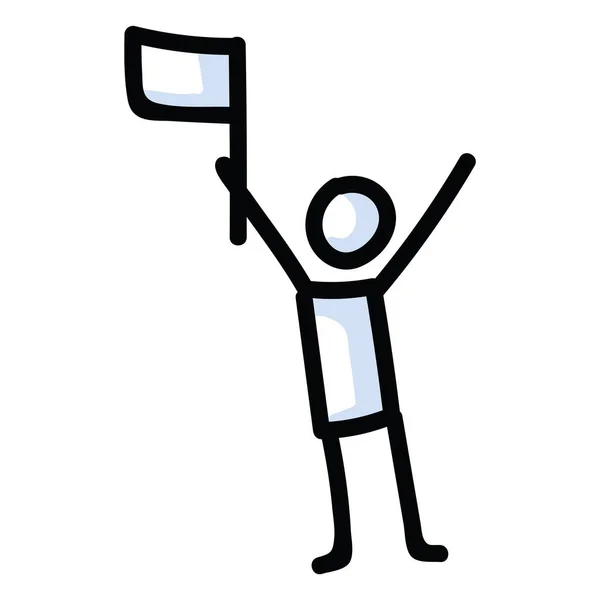 Тримає прапор палиці фігури Векторні ілюстрації. Рука намальована комунікація завоювання кліпарту. Вираз Stick man для журналу дизайну ux . — стоковий вектор