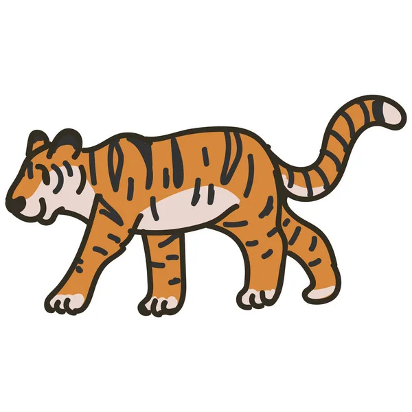Entzückende Cartoon Walking Tiger Clip Art. Safaritier-Ikone. handgezeichnetes Kawaii Big Cat Motiv Illustration Doodle in flacher Farbe. isoliertes Baby, Kinderzimmer und Kindheitscharakter. bunt süß. — Stockvektor