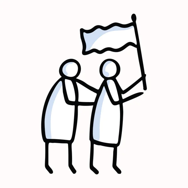 Dos figuras de palos ondeando bandera. Motivo de icono de Doodle humano aislado dibujado a mano. Clip Art Element. Color plano blanco negro. Para el estímulo, el apoyo, el concepto de la mano de Helpng. Pictograma Vector EPS 10 — Vector de stock