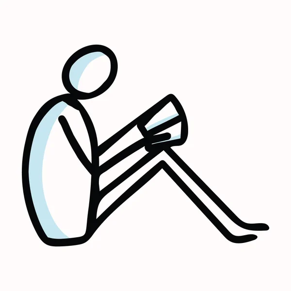 Чтение Стика Фигуры, сидя с книгой или журналом. Ручной рисунок Изолированные человеческие каракули Мотив Элемент в плоском цвете. За образование, литературу, учебу или отдых. Векторная пиктограмма EPS 10 . — стоковый вектор