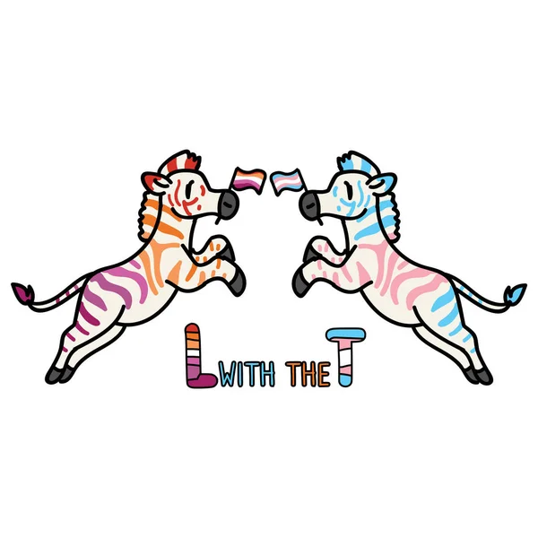Αξιολάτρευτο Cartoon Transgender λεσβιακή υποστήριξη Zebra Clip Art. Εικονίδιο ζώων Σαφάρι Γκέι. Queer Flag Kawaii Motif Illustration Doodle σε επίπεδο χρώμα. Απομονωμένη άγρια ζωή, πολυμορφία και χαρακτήρας ισότητας. — Διανυσματικό Αρχείο