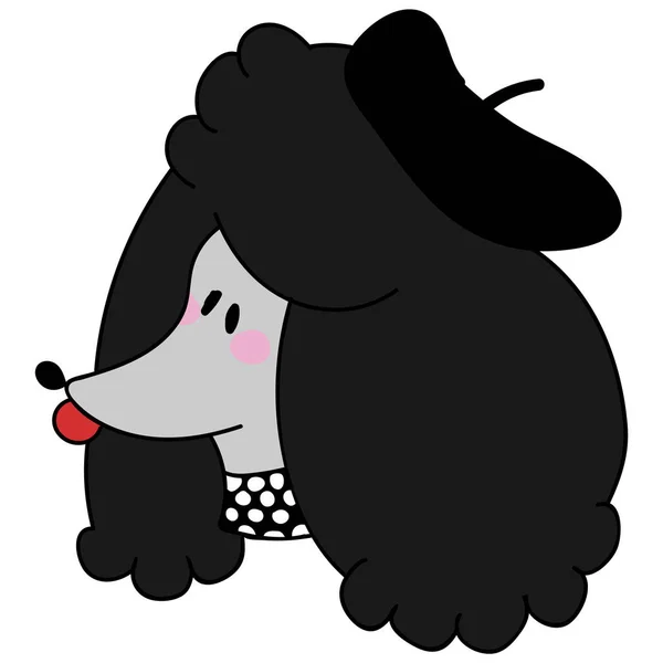 Cute Black Poodle Dog French Beret Vector Clipart Japanese Style — Stock Vector