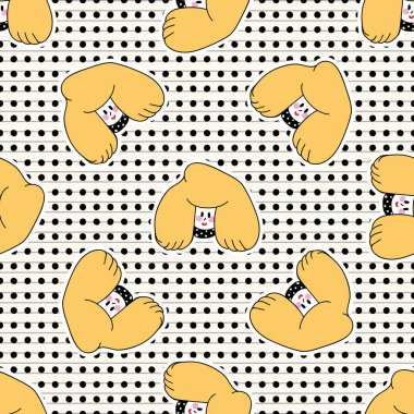 Şirin kız Kawaii neşeli, kusursuz vektör modeli. Puantiyeli arka planda gülümseyen Japon tarzı çizgi film kadını. Sarışın kadın el çizimi çok güzel. Üzerinde sarı saç izi var.. 