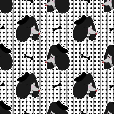 Cute kawaii black poodly puppy dog with bone seamless vector pattern. Japanese style cartoon smiling animal background. Adorable girly hand drawn sketch of French doggies.