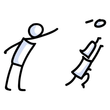 Cute dog and owner throwing ball stick figure vector clipart. Bujo bullet journal style cartoon puppy lover training game. Friendship between stick man and pooch. EPS 10. 