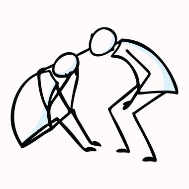 Upset Stick Figure with Person Comforting, Hand on Shoulder. Hand Drawn Isolated Flat Illustration. Compassion Stickman Doodle Drawing Clipart. Healthcare, Sketch note Motif. Vector EPS 10
