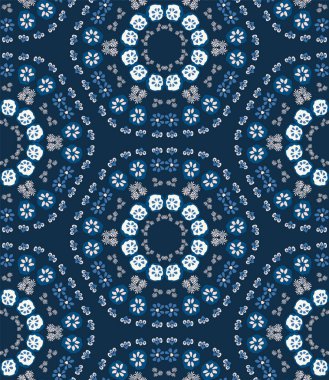 Klasik Mavi Papatya Çiçekli Dotty Madalyası. Özgürlük Tarzı Millefleur Çiçeksiz Desen. Karanlık Gece Yarısı Çemberinde Ditsy Zarif Donanma Çiçeği. El yapımı tekstil. Vektör Eps 10 'u tekrarla