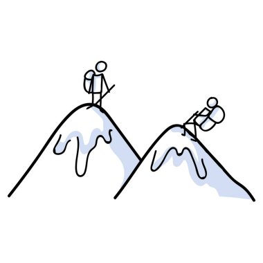 Dağ çizgisi sanat ikonu üzerinde yürüyüş figürü. Sırt çantası, sırtıma binme, pist direği. Açık havada yürüyüş, tırmanma ve yürüyüş yaşam tarzı. Vahşi doğa macerası ve doğa yolculuğu bağı..