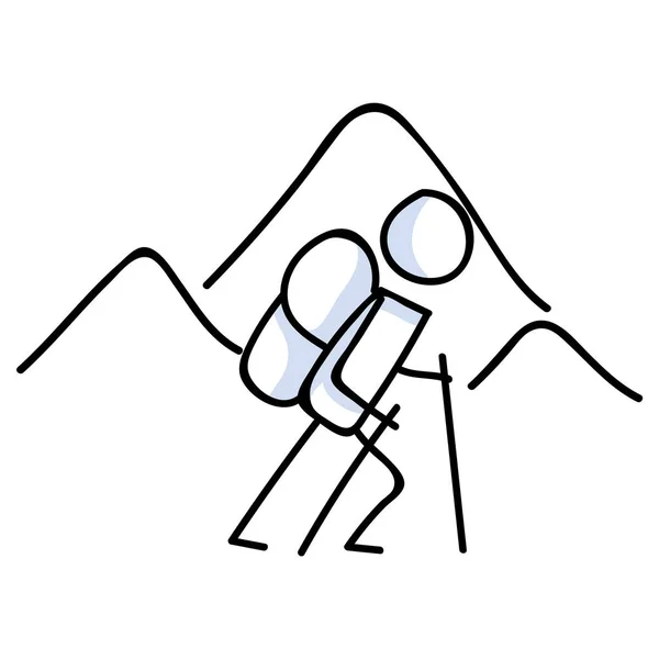 远足木棍靠近山线艺术图标 背着背包 轨道杆 户外休闲散步 爬山和远足的生活方式 野性冒险和自然旅行的结合 — 图库矢量图片